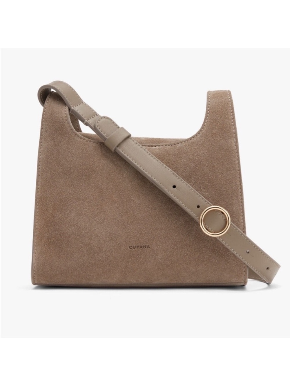 Cuyana Double Loop Bag Suede Neutral Tan Gray Crossbody Shoulder Bag